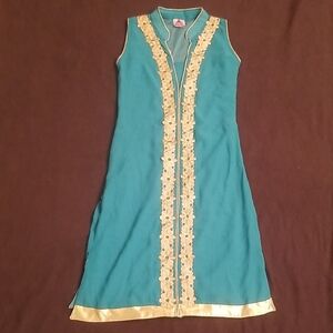 Teal Dress with Gold Trim